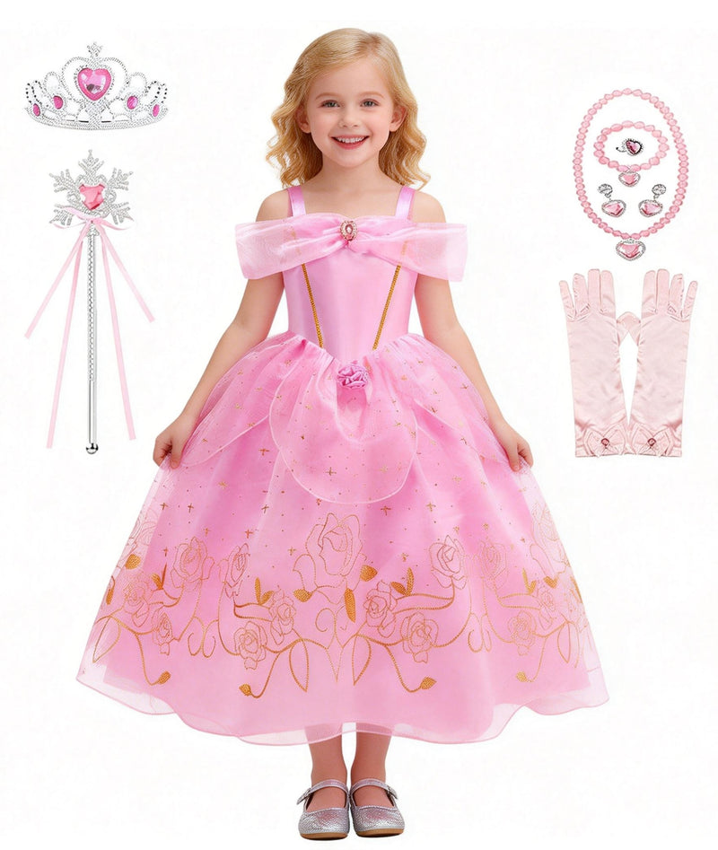 Girls Pink Princess Costume - Rose Ball Gown with Tiara & Wand
