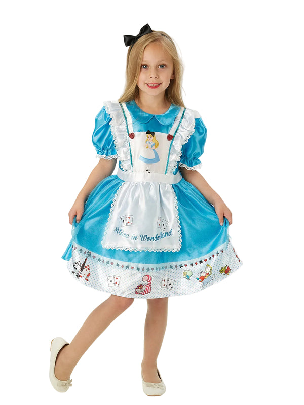 Kids Alice in Wonderland costume dress with blue satin bodice, white apron, and layered tulle skirt