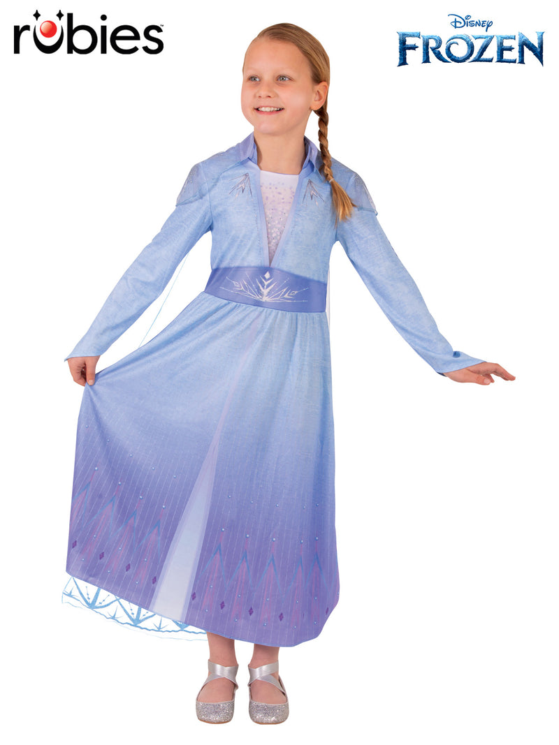 Kids Disney Frozen 2 Elsa costume dress with gradient blue-to-purple print and snowflake patterns