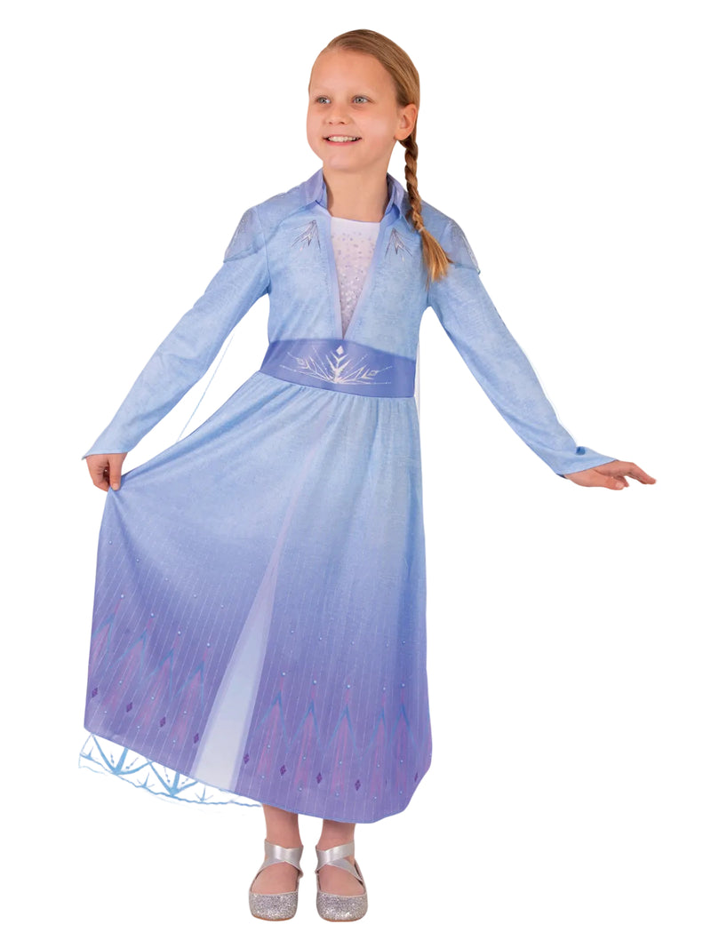 Kids Disney Frozen 2 Elsa costume dress with gradient blue-to-purple print and snowflake patterns