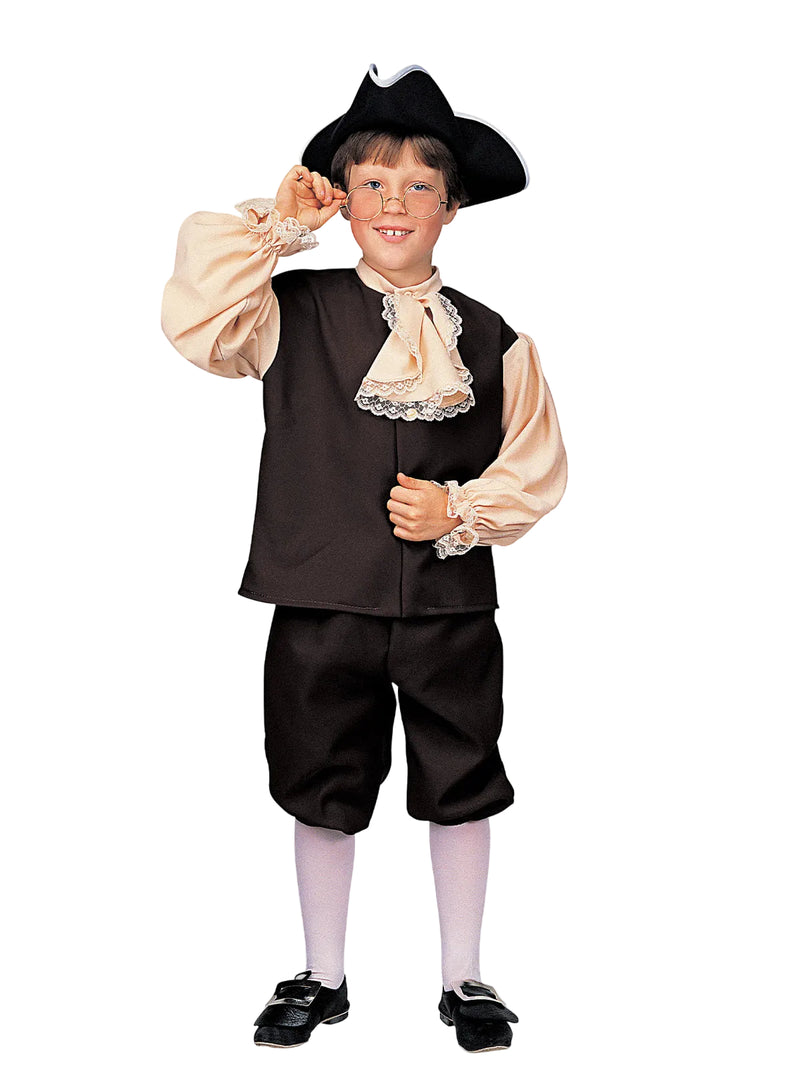 Kids colonial boy costume with black vest, cream sleeves, lace jabot and tricorn hat for Book Week