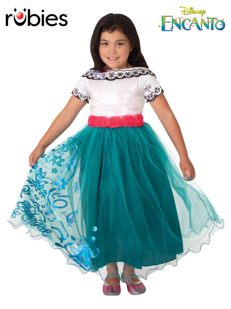 Kids Mirabel costume dress from Disney Encanto with sequined white bodice and layered teal skirt