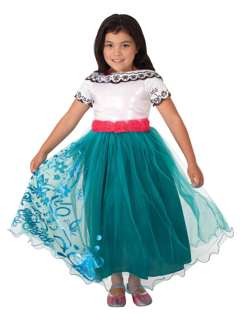 Kids Mirabel costume dress from Disney Encanto with sequined white bodice and layered teal skirt