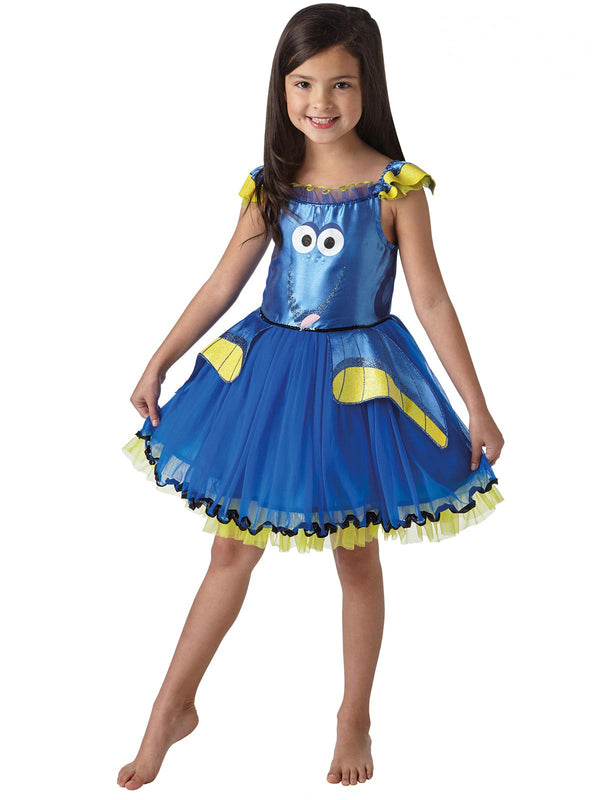 Kids Dory tutu costume dress with glitter face print and blue tulle skirt
