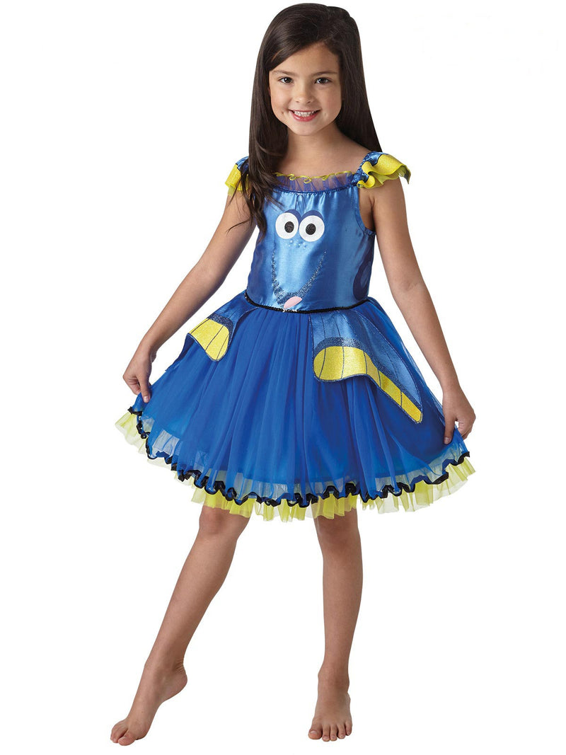 Kids Dory tutu costume dress with glitter face print and blue tulle skirt