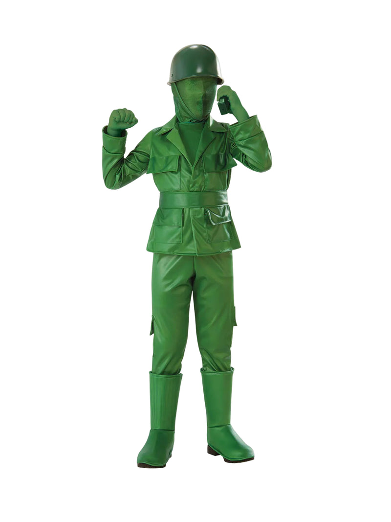 Child wearing bright green toy soldier costume with face mask and helmet, saluting