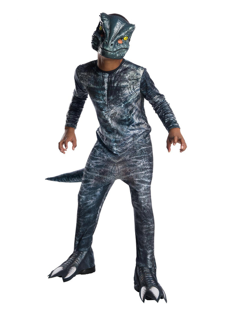 Child wearing Velociraptor Blue costume from Jurassic World with blue-grey jumpsuit and molded mask