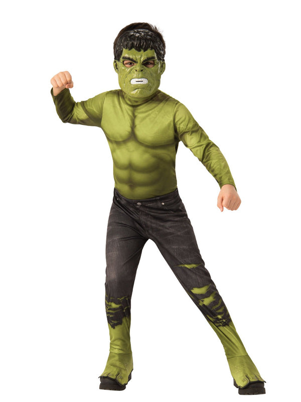 Kids Hulk costume full body view - green muscle-print jumpsuit with torn jeans effect and moulded mask