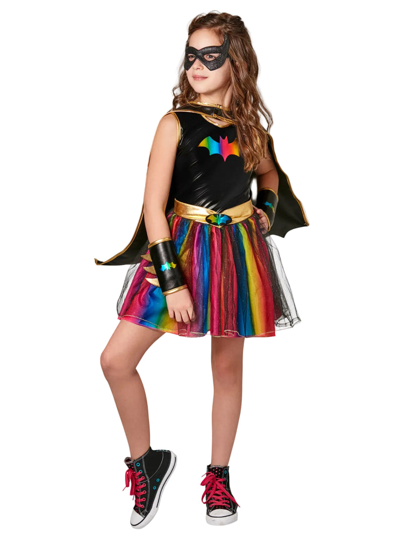 Kids Batgirl costume with rainbow tutu dress and cape