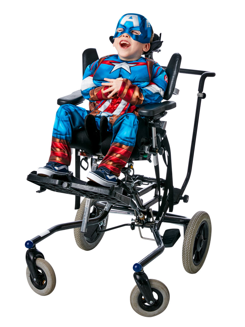 Rear view showing Velcro tab closures on adaptive Captain America costume pants