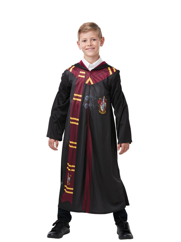 Child wearing black Harry Potter Gryffindor robe with burgundy hood lining and house crest