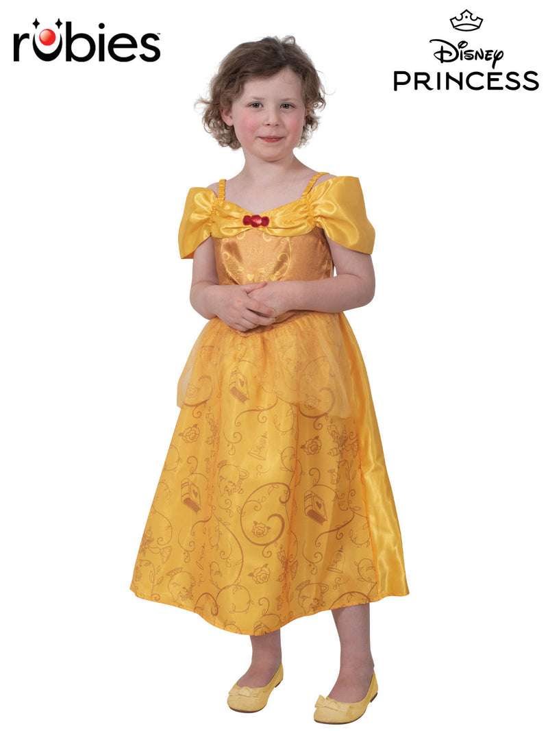 Kids Belle Costume golden yellow ball gown with off-shoulder neckline and red rose detail