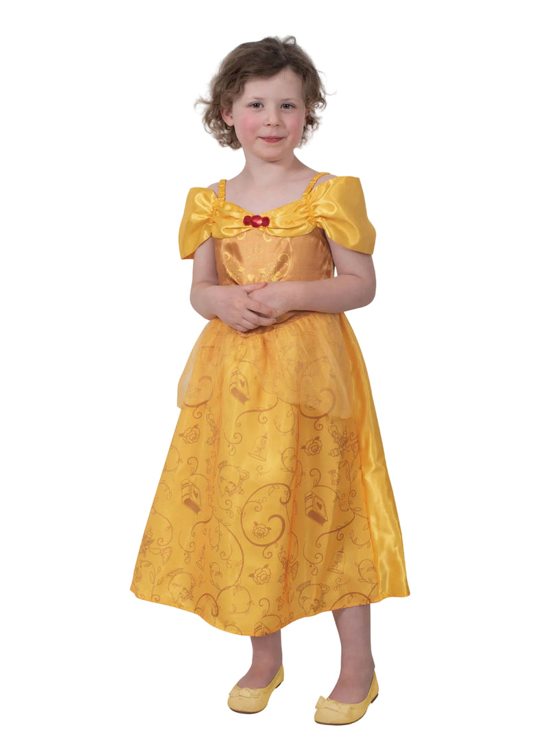 Kids Belle Costume golden yellow ball gown with off-shoulder neckline and red rose detail