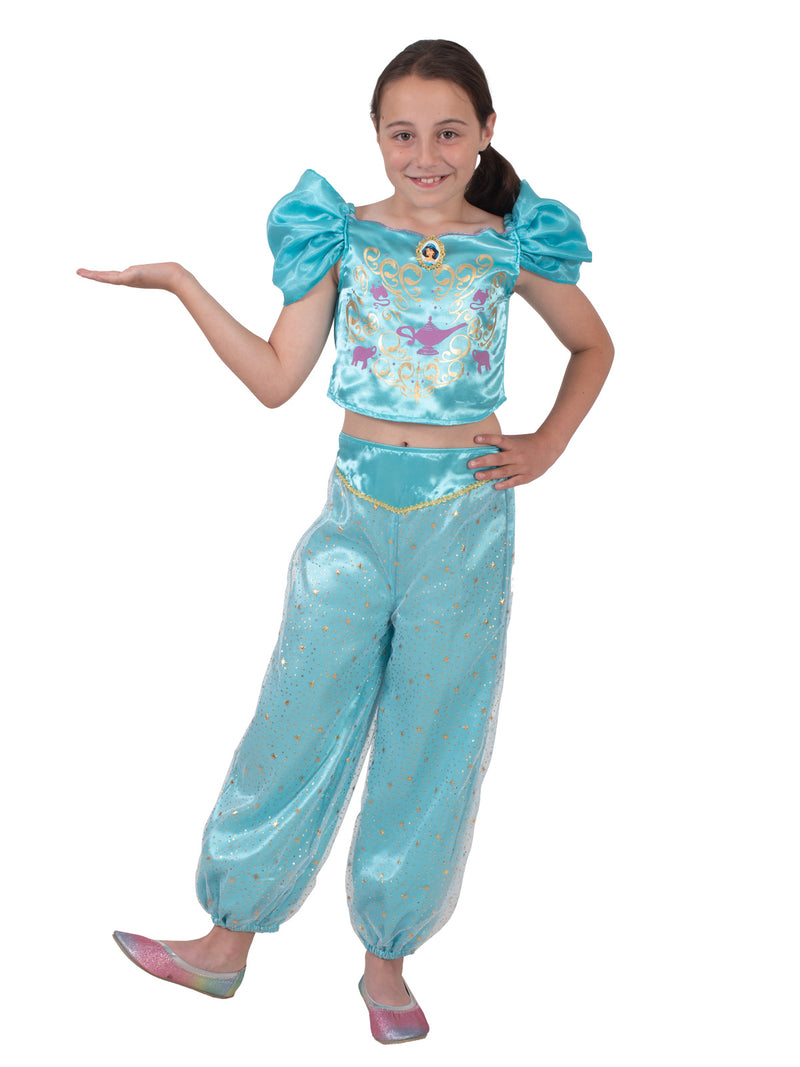 Girl wearing Disney Princess Jasmine costume with off-shoulder puff sleeves and tulle overlay pants
