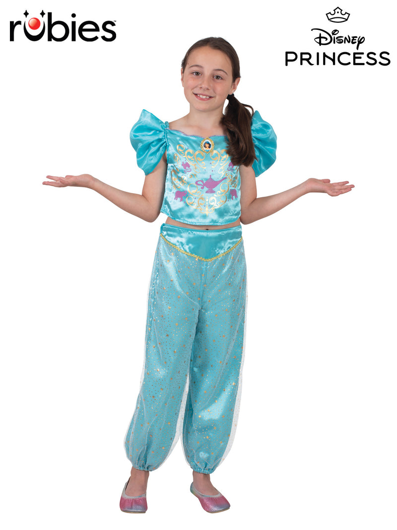 Kids Disney Princess Jasmine costume with turquoise satin top and sparkly harem pants