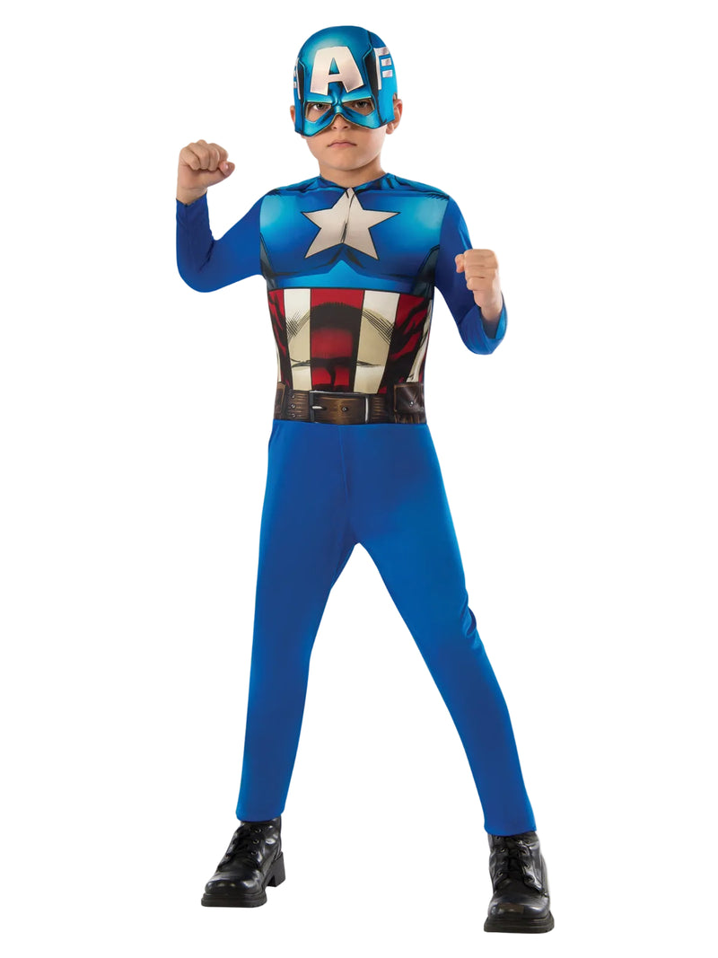 Kids Captain America costume jumpsuit with digital star emblem print and EVA mask