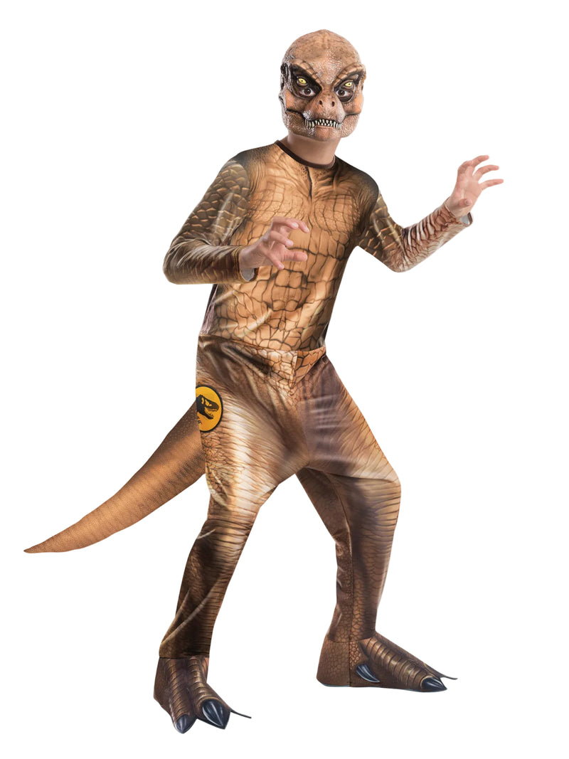 Kids Jurassic World T-Rex dinosaur costume with molded mask and printed scale jumpsuit