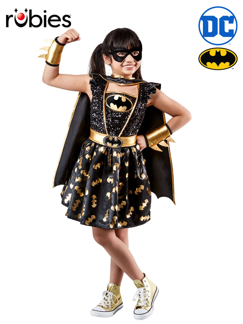 Kids Batgirl costume with black sequined tutu dress and gold accessories