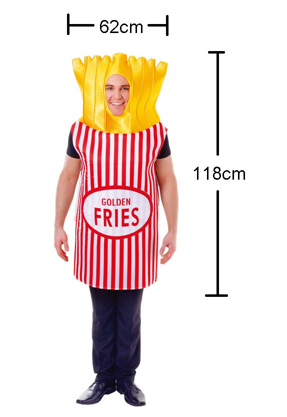 Child wearing yellow french fries headpiece costume with red and white chip box tunic