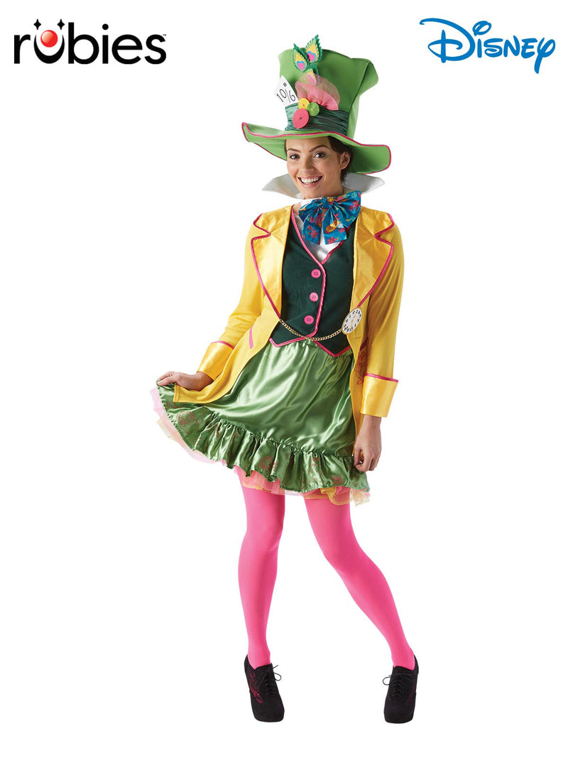 Womens Mad Hatter costume with yellow jacket, green skirt, and oversized top hat
