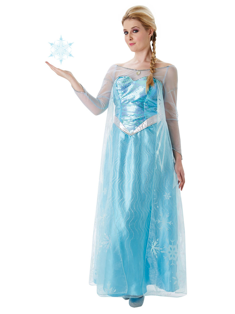 Back view of Elsa Frozen costume with dramatic tulle cape and snowflake overlay