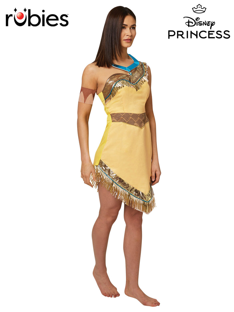 Womens Pocahontas Disney Princess costume - asymmetric gold dress with teal piping and metallic fringe, front view