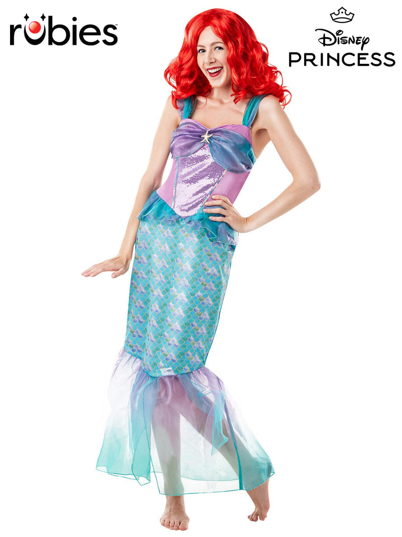 Womens Disney Ariel costume full-length view showing teal bodice with sequin panel, ombre tulle clam shells, and gradient mermaid fin hem