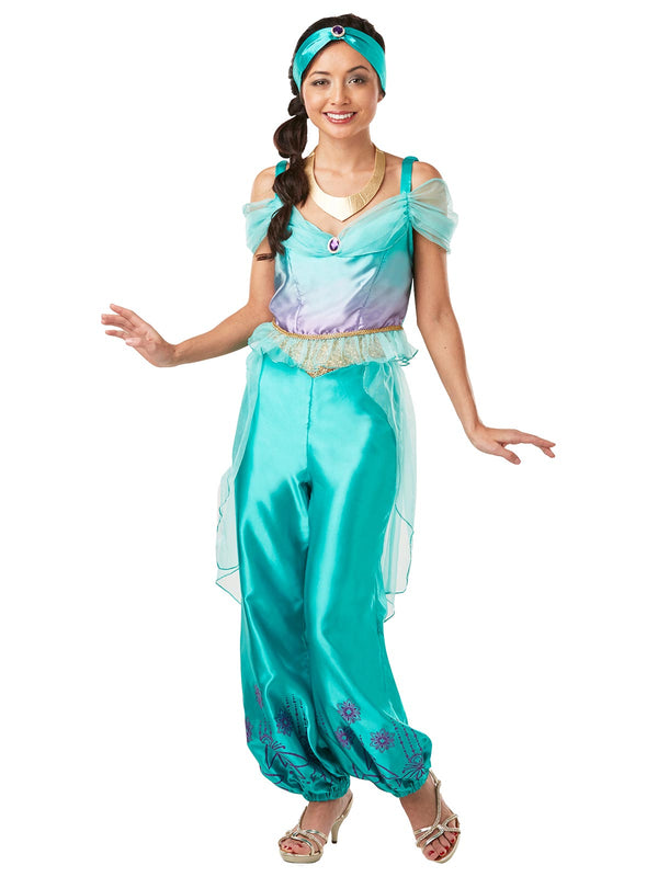 Full-length view of womens Aladdin Princess Jasmine character costume with glitter hem