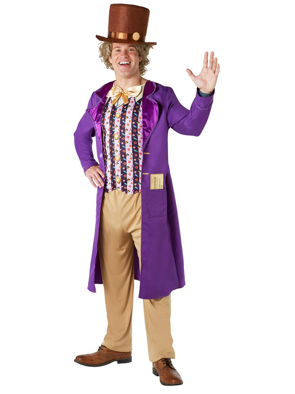 Willy Wonka costume set including brown felt top hat with decorative band and purple jacket with gold bow tie