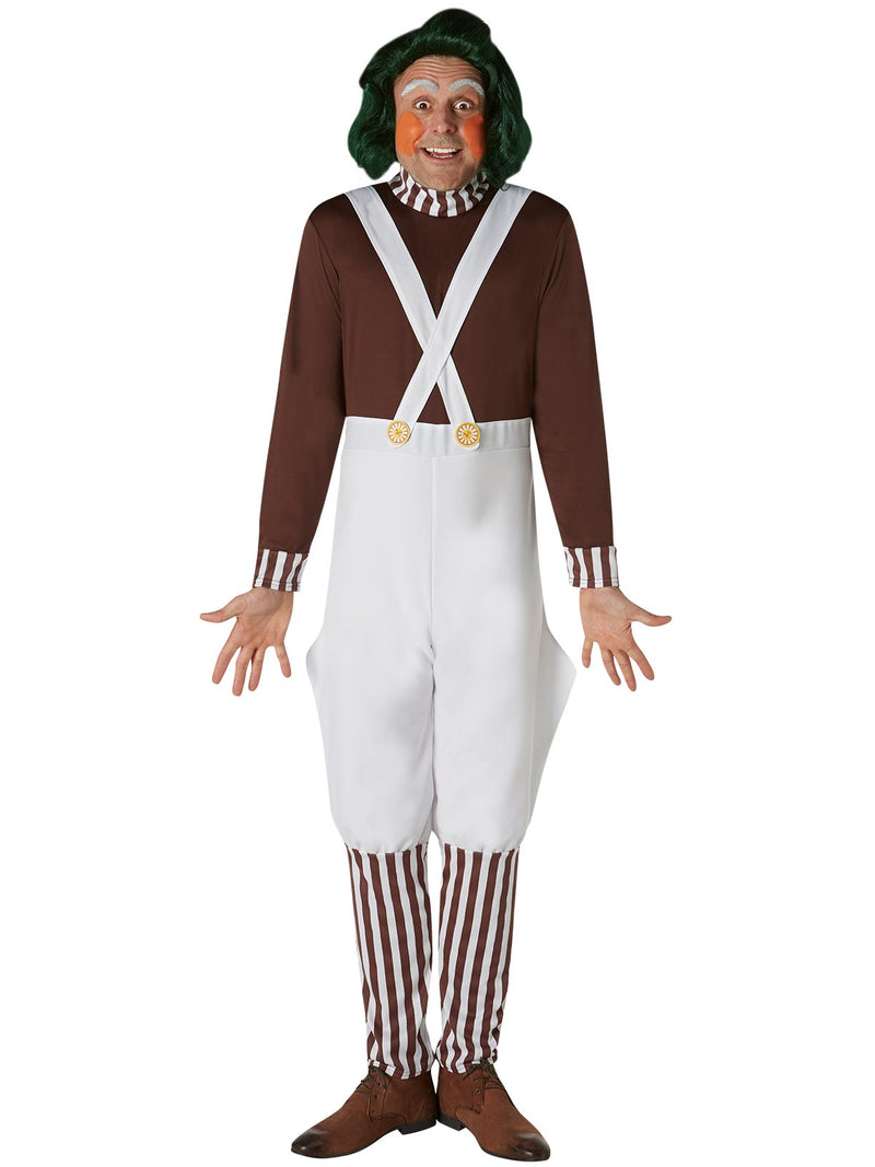 Willy Wonka factory worker costume detail showing attached striped socks and gold buttons