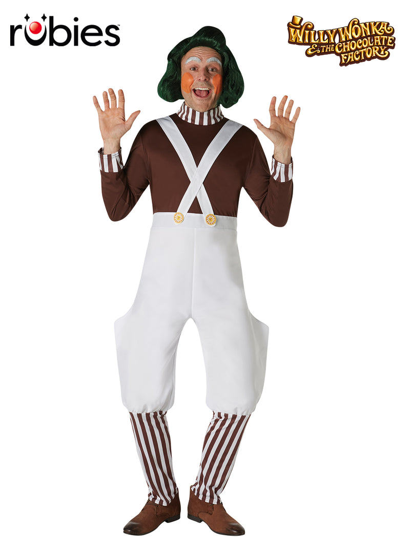 Mens Oompa Loompa costume jumpsuit with brown bodice, white suspenders and striped socks
