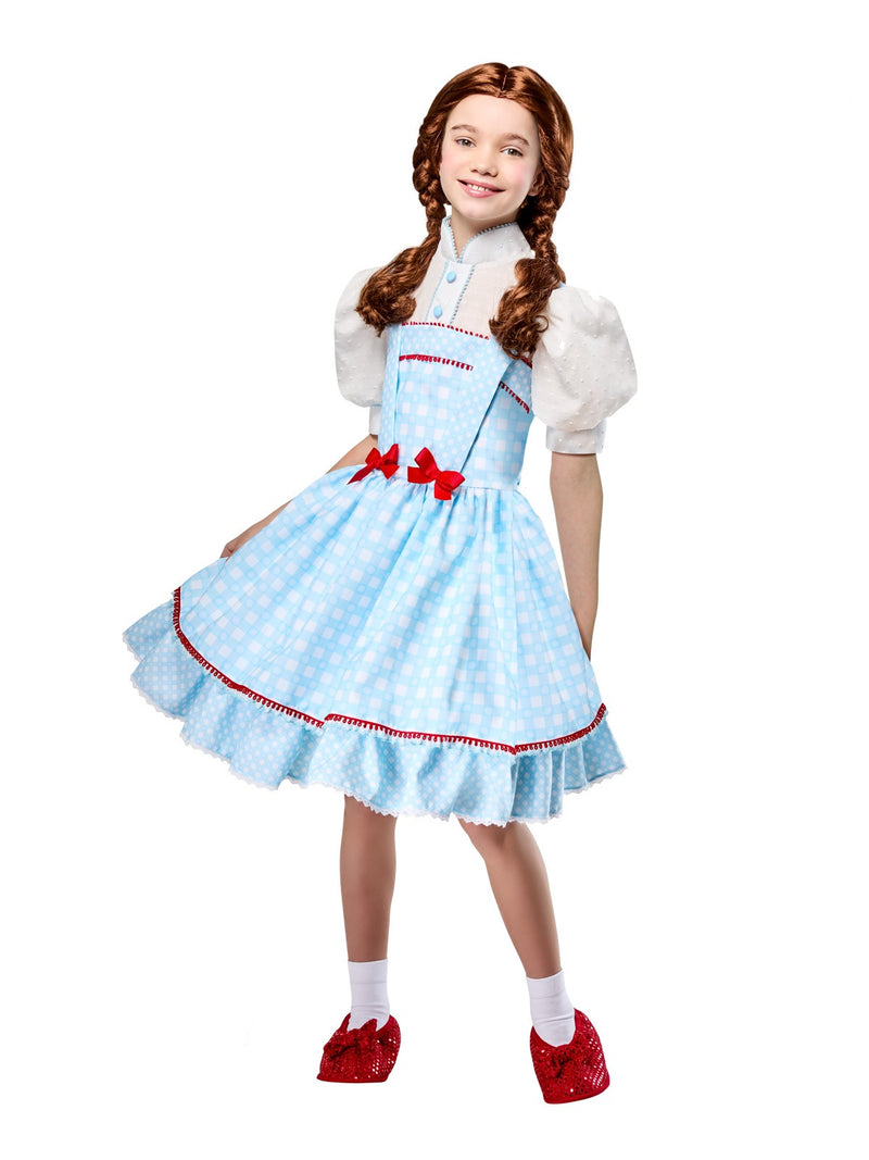 Kids Dorothy Wizard of Oz costume - light blue gingham dress with white puff sleeves and red sparkly shoe covers