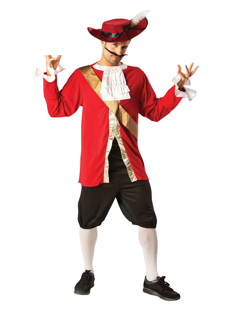 Mens Captain Hook Costume - red coat with gold sash and ruffled white shirt