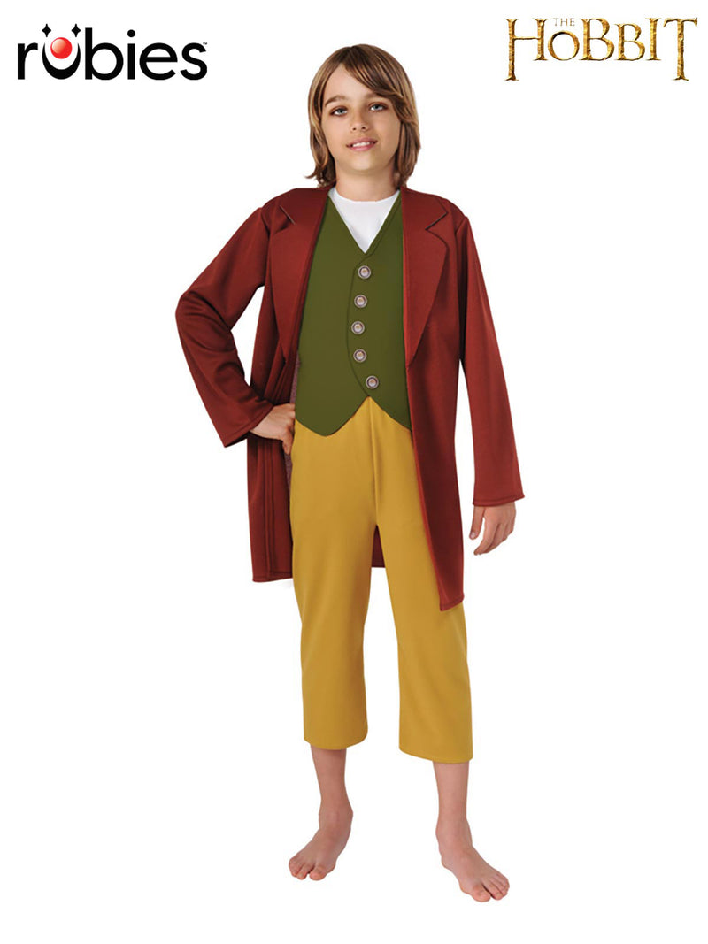 Kids Bilbo Baggins costume with russet jacket, printed vest, and golden breeches