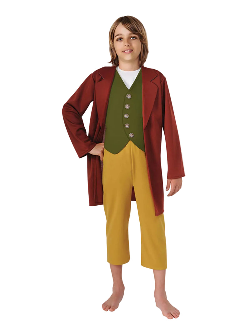 Kids Bilbo Baggins costume with russet jacket, printed vest, and golden breeches