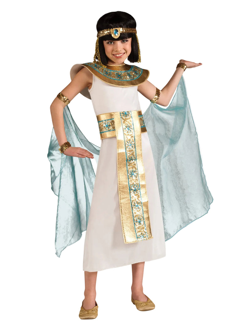 Kids Cleopatra Costume - white dress with gold sequin belt and turquoise collar