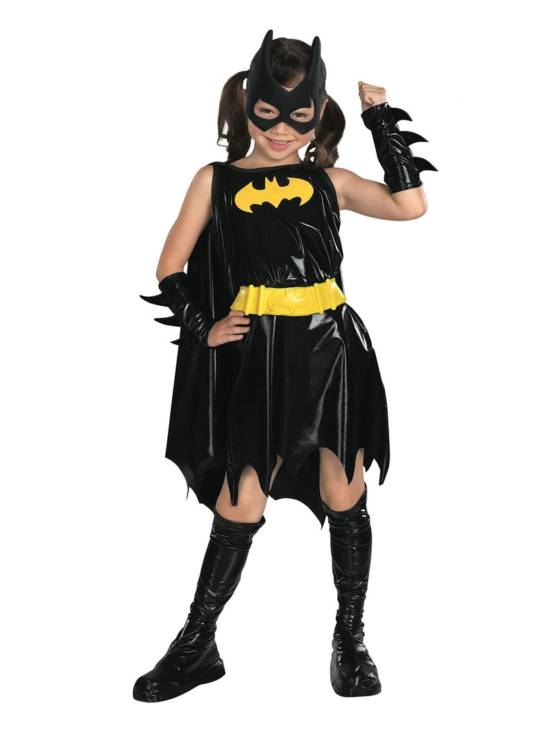 Kids Batgirl costume with black dress, yellow bat emblem, cape and mask