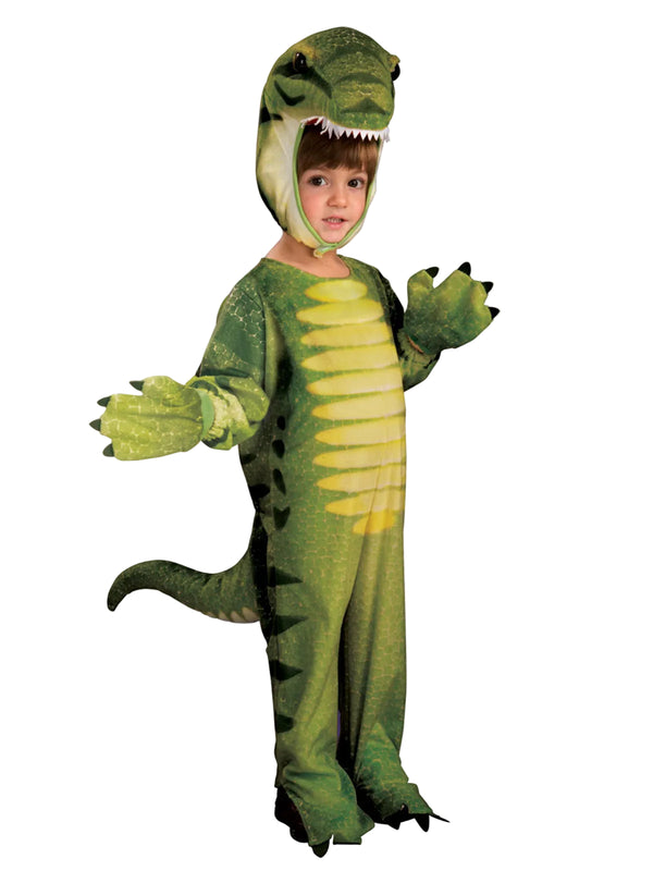 Child wearing green plush dinosaur costume with 3D T-Rex head and claws