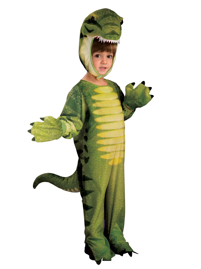 Child wearing green plush dinosaur costume with 3D T-Rex head and claws