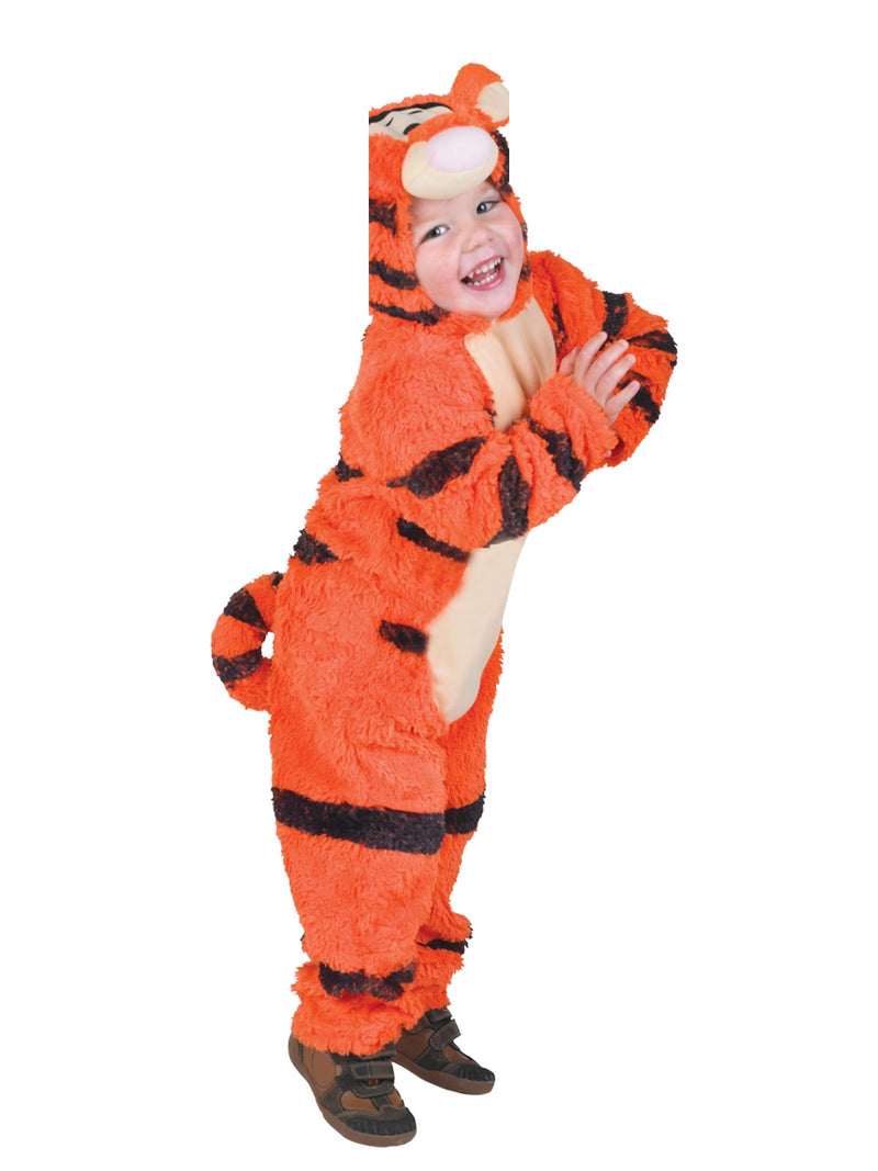 Toddler Tigger costume in orange plush with black stripes and attached hood