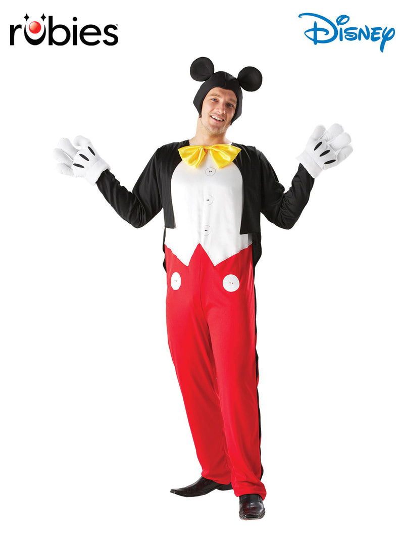 Adult Mickey Mouse costume full body jumpsuit with red shorts and yellow bow tie
