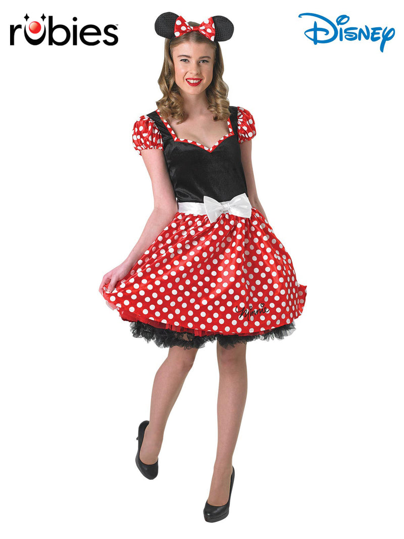 Womens Minnie Mouse costume dress with red polka-dot skirt and black bodice