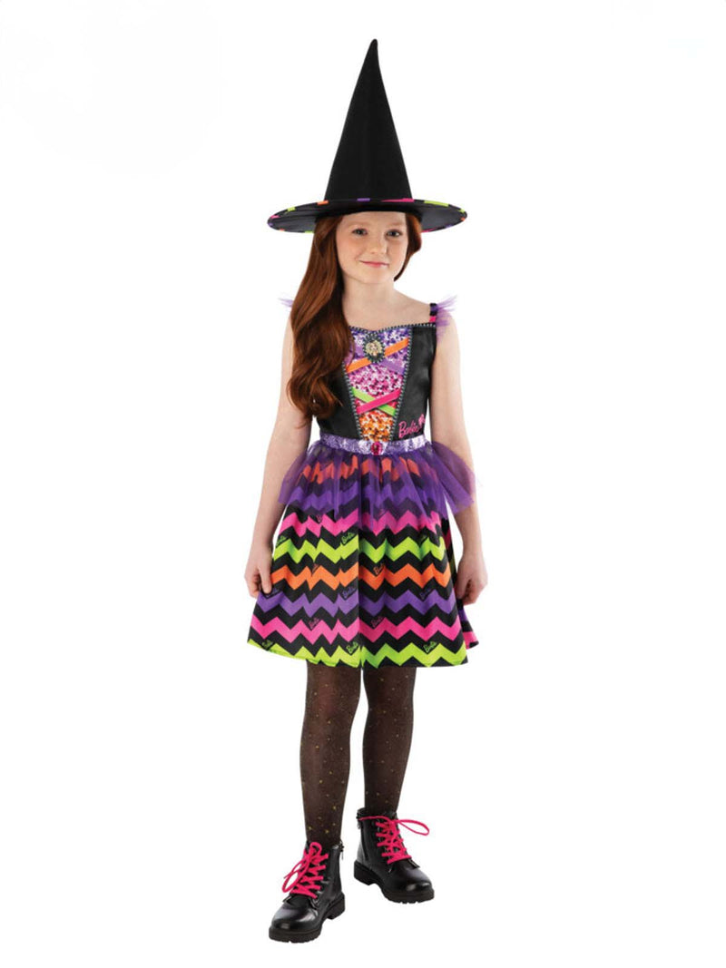 Black pointed witch hat with rainbow-striped band and Barbie logo