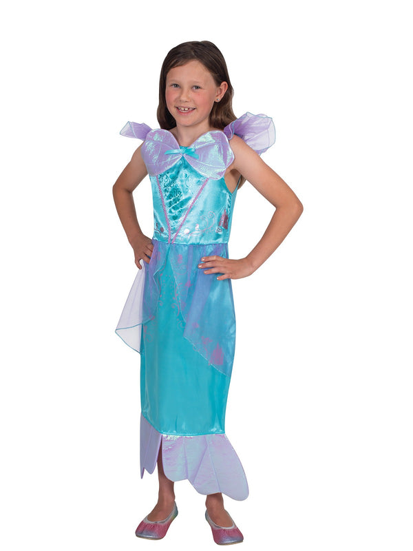 Kids Ariel Little Mermaid dress costume with turquoise satin bodice and seashell appliquรฉs