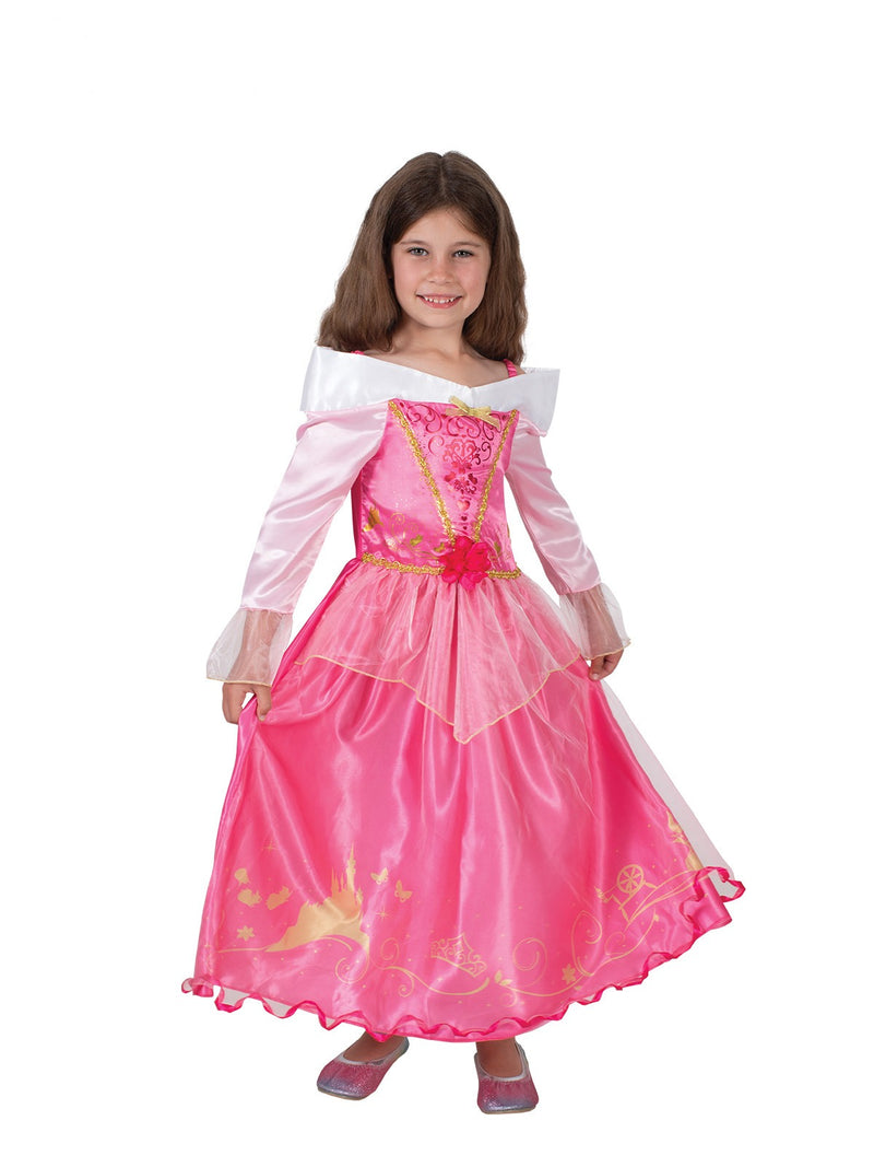Kids Aurora Sleeping Beauty costume with pink satin ball gown and gold embellishments
