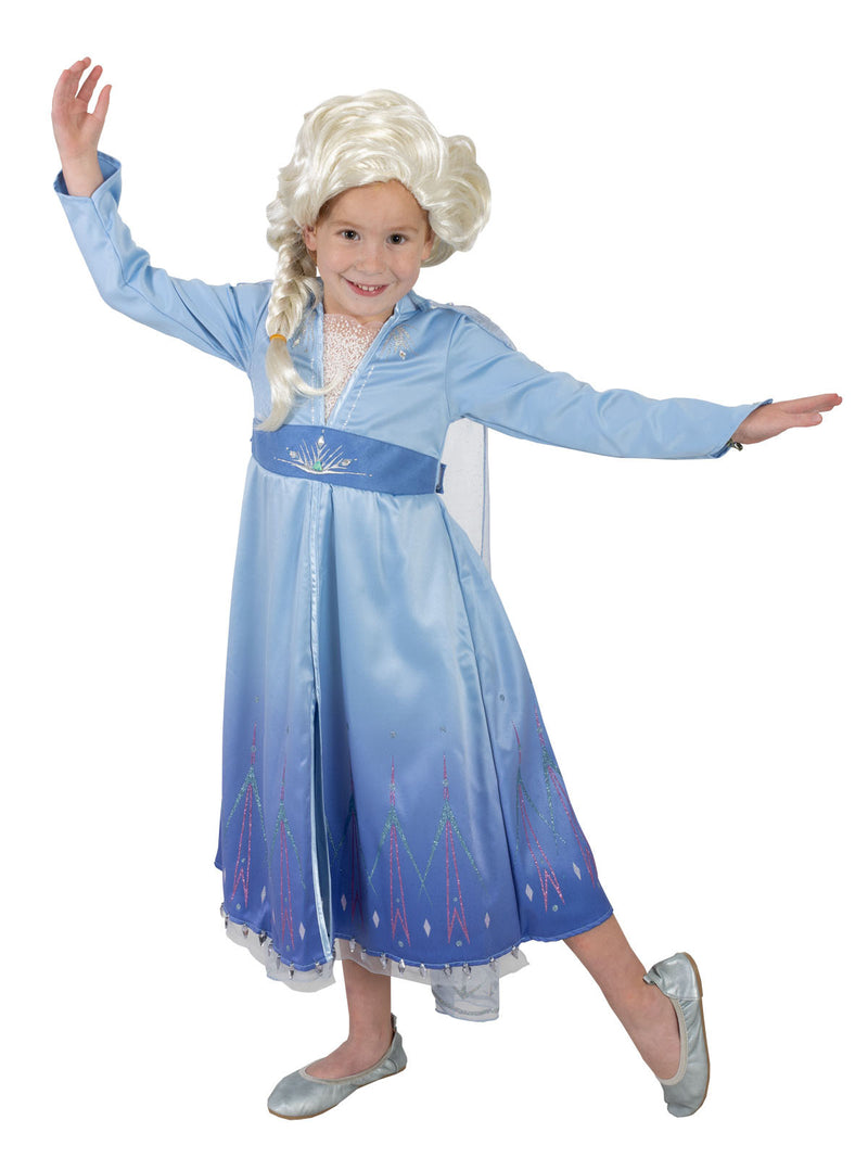 Disney Elsa dress showing glitter cape, hand-stitched diamantes, and flowing A-line skirt