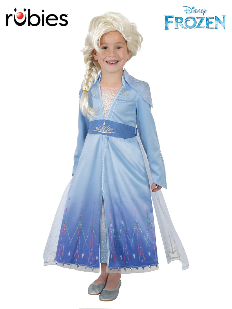 Kids Elsa Frozen 2 Costume with ice-blue ombre gown and platinum blonde wig