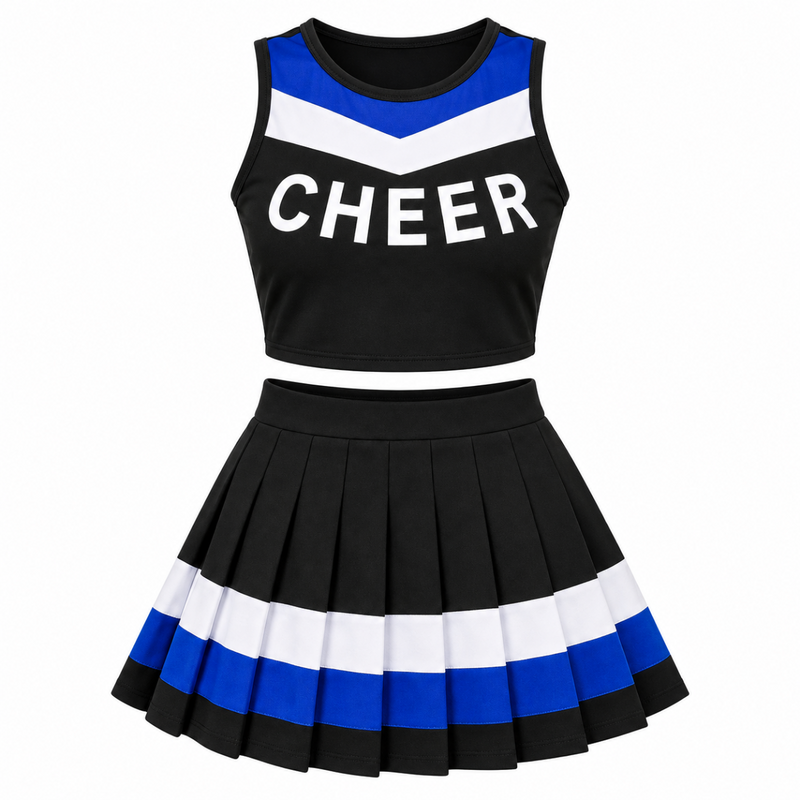 Womens Cheerleader Costume - Black Blue White Spirit Squad Outfit