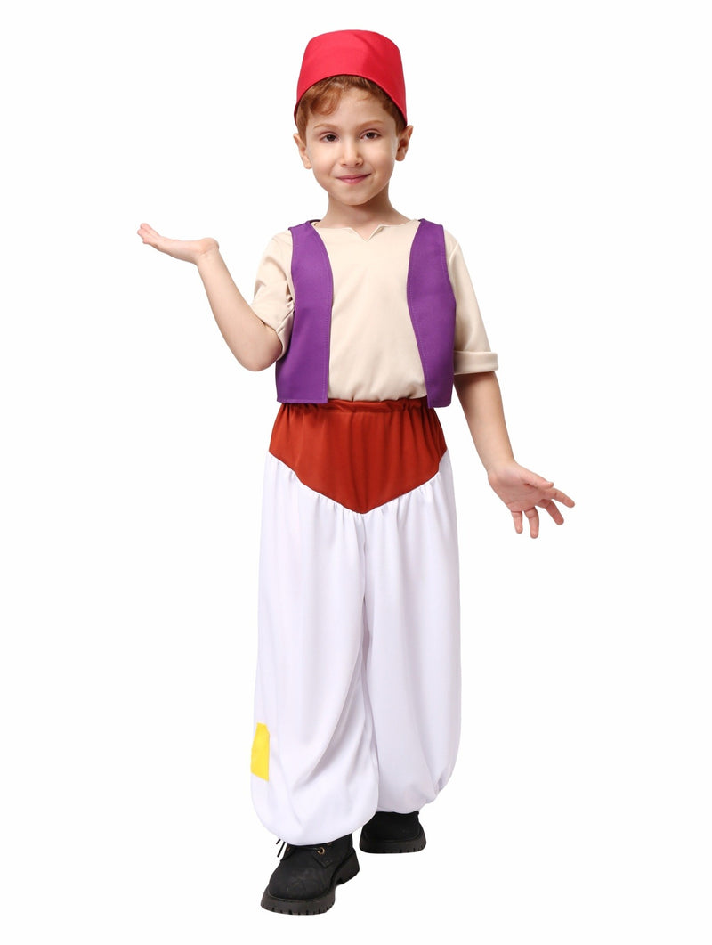 Child wearing Arabian street hero costume with red fez, purple vest, and white harem pants