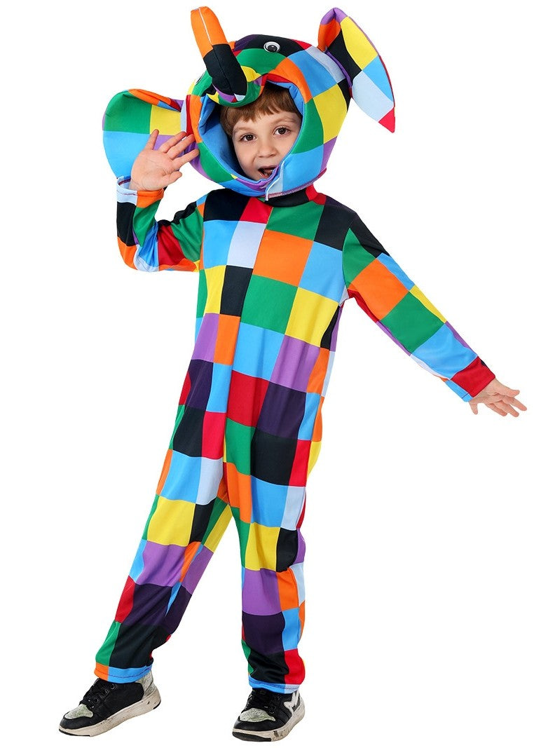 Child wearing multicolour Multi-Coloured Elephant costume with checkered jumpsuit and padded headpiece